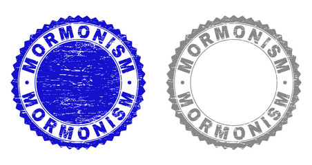 Obraz premium Grunge MORMONISM stamps isolated on a white background. Rosette seals with grunge texture in blue and gray colors. Vector rubber stamp imitation of MORMONISM label inside round rosette.