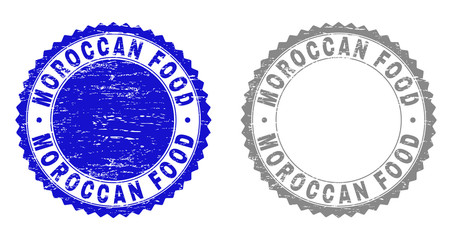 Grunge MOROCCAN FOOD stamp seals isolated on a white background. Rosette seals with grunge texture in blue and grey colors. Vector rubber stamp imitation of MOROCCAN FOOD text inside round rosette.