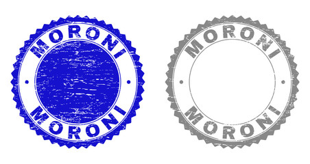 Grunge MORONI stamp seals isolated on a white background. Rosette seals with grunge texture in blue and grey colors. Vector rubber stamp imitation of MORONI text inside round rosette.