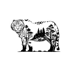 vector illustration of a tiger with forest background
