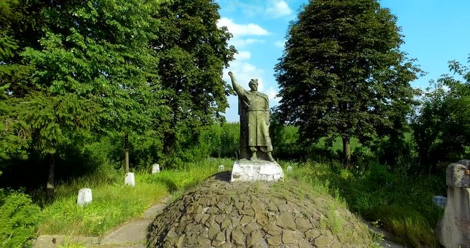 Monument to Bogdan Khmelnytsky.  Village of Gilch. Ukraine, Rivne region, Aerial drone view