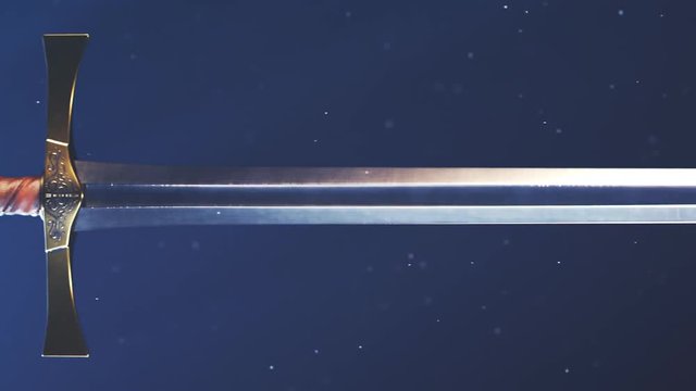 Sharp, shiny medieval steel sword against dark blue background. Knight weapon.