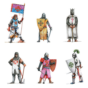 Medieval knights illustration. Set of 6 crusaders. Historical colored pencils drawing.	
