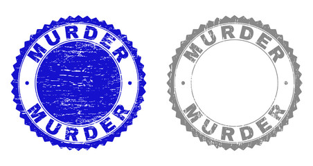 Grunge MURDER stamp seals isolated on a white background. Rosette seals with grunge texture in blue and grey colors. Vector rubber stamp imprint of MURDER tag inside round rosette.