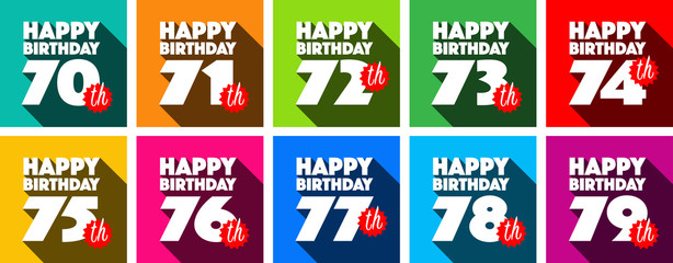 Happy Birthday from 70 to 79 years with long shadow	