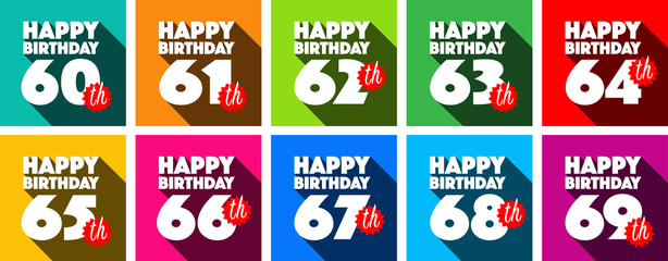 Happy Birthday from 60 to 69 years with long shadow	