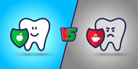 protected tooth, a healthy, white, happy tooth versus an evil, sick tooth. Harm vs use in the mouth. dentistry, oral hygiene. Shield with an apple versus tea and coffee. vector illustration
