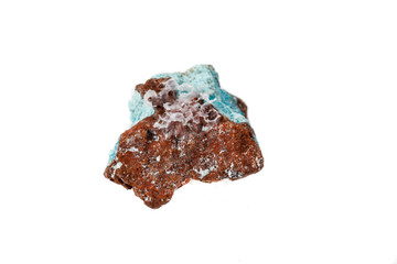 Macro mineral aurichalcite stone on microcline on white background