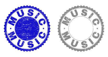 Grunge MUSIC stamp seals isolated on a white background. Rosette seals with grunge texture in blue and grey colors. Vector rubber stamp imitation of MUSIC tag inside round rosette.
