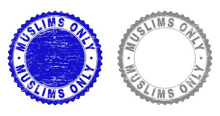 Grunge MUSLIMS ONLY stamp seals isolated on a white background. Rosette seals with grunge texture in blue and grey colors. Vector rubber overlay of MUSLIMS ONLY caption inside round rosette.