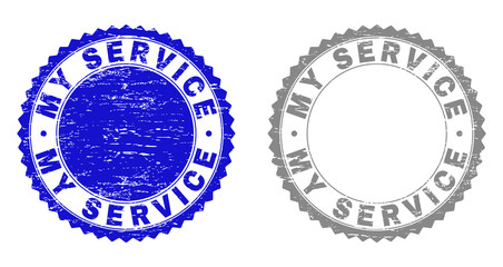 Grunge MY SERVICE stamp seals isolated on a white background. Rosette seals with grunge texture in blue and gray colors. Vector rubber stamp imitation of MY SERVICE caption inside round rosette.