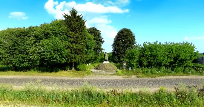 Monument to Bogdan Khmelnytsky.  Village of Gilch. Ukraine, Rivne region, Aerial drone view