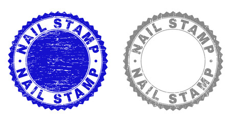 Grunge NAIL STAMP seals isolated on a white background. Rosette seals with grunge texture in blue and grey colors. Vector rubber stamp imprint of NAIL STAMP tag inside round rosette.
