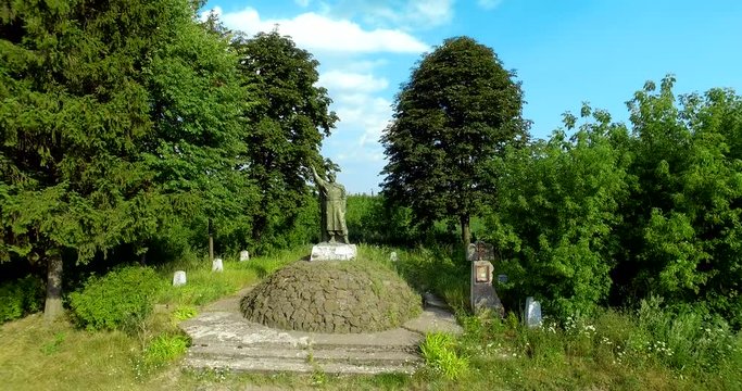 Monument to Bogdan Khmelnytsky.  Village of Gilch. Ukraine, Rivne region, Aerial drone view