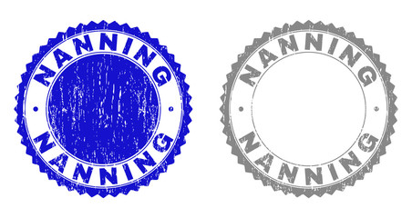 Grunge NANNING stamp seals isolated on a white background. Rosette seals with grunge texture in blue and grey colors. Vector rubber stamp imitation of NANNING caption inside round rosette.