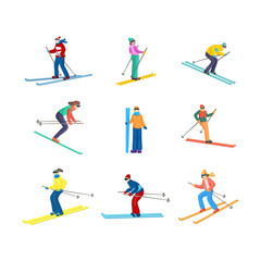 Fototapeta na wymiar Set of standing, going straight and down skiers in different positions