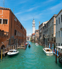 Fototapeta na wymiar Venice panorama cityscape, San Giorgio dei Greci water canal and church campanile. Italy, Europe.
