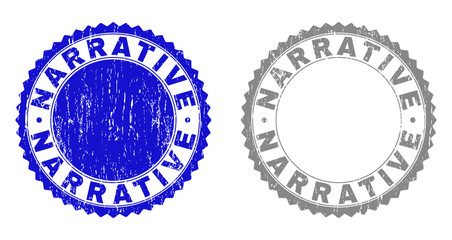 Grunge NARRATIVE stamp seals isolated on a white background. Rosette seals with grunge texture in blue and grey colors. Vector rubber overlay of NARRATIVE text inside round rosette.