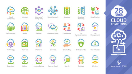 Cloud computing color glyph icon set with network computer data server and wireless internet technology colorful symbol.
