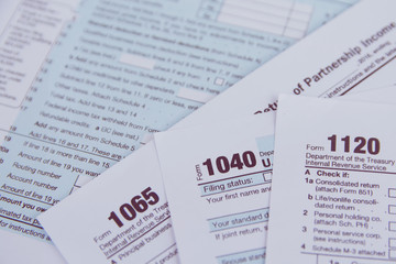 US tax form 1040, 1120, 1065 / taxation concept. USA - obrazy, fototapety, plakaty