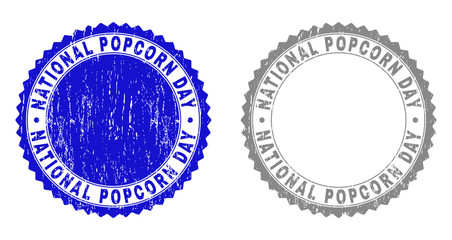 Grunge NATIONAL POPCORN DAY stamps isolated on a white background. Rosette seals with grunge texture in blue and gray colors.