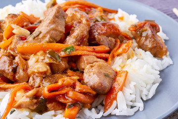 Classic Chinesse sweet and sour pork with rice close-up