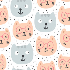 Cute cats in glasses seamless pattern