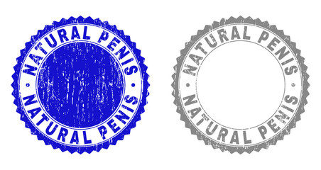 Grunge NATURAL PENIS stamp seals isolated on a white background. Rosette seals with grunge texture in blue and gray colors. Vector rubber stamp imprint of NATURAL PENIS text inside round rosette.