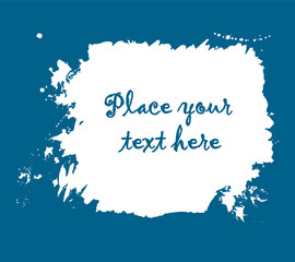 white splash design with color drops and stains over blue background with samle text, vector eps10 illustration.
