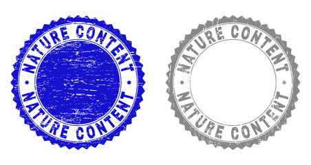 Grunge NATURE CONTENT watermarks isolated on a white background. Rosette seals with grunge texture in blue and grey colors. Vector rubber stamp imprint of NATURE CONTENT text inside round rosette.