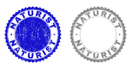 Grunge NATURIST stamp seals isolated on a white background. Rosette seals with grunge texture in blue and gray colors. Vector rubber stamp imitation of NATURIST text inside round rosette.