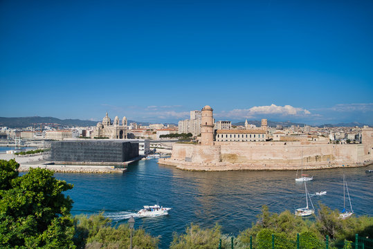 Marseille, France - AUGUST 16, 2018: view on MuCEM and Tour du fanal of Fort saint-Jean