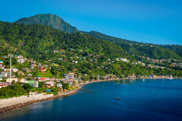 Dominica landscape with Caribbean Sea and mountains. 