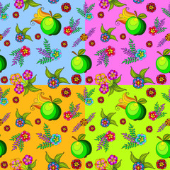 Seamless pattern with apples and flowers