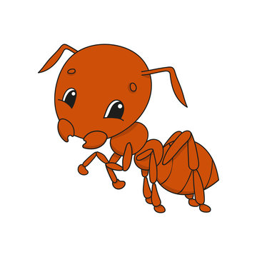 Brown ant. Cute flat vector illustration in childish cartoon style. Funny character. Isolated on white background.