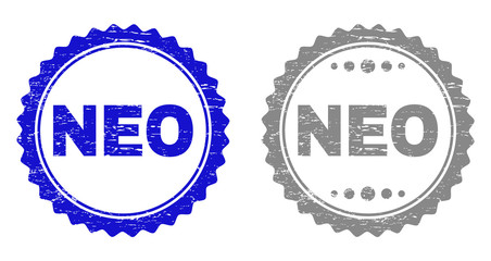 Grunge NEO stamp seals isolated on a white background. Rosette seals with grunge texture in blue and grey colors. Vector rubber stamp imitation of NEO title inside round rosette.