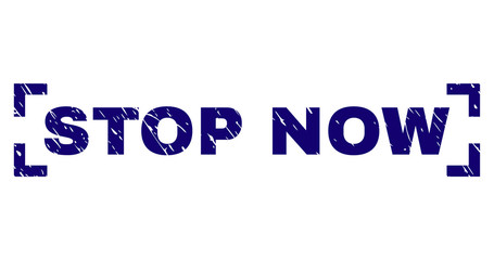 STOP NOW title seal print with corroded texture. Text label is placed between corners. Blue vector rubber print of STOP NOW with corroded texture.