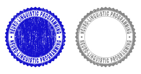 Grunge NEURO-LINGUISTIC PROGRAMMING stamp seals isolated on a white background. Rosette seals with grunge texture in blue and gray colors.