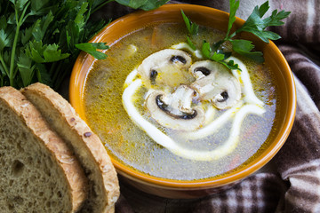 Mushroom soup with sour cream. Mushroom soup. Close-up. A traditional autumn dish.