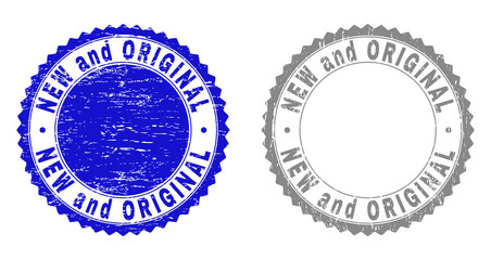 Grunge NEW AND ORIGINAL stamp seals isolated on a white background. Rosette seals with grunge texture in blue and grey colors.