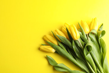 Beautiful bouquet of yellow tulips on color background, top view. Space for text