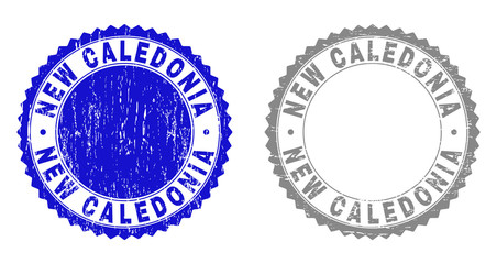 Grunge NEW CALEDONIA stamp seals isolated on a white background. Rosette seals with grunge texture in blue and grey colors. Vector rubber stamp imprint of NEW CALEDONIA text inside round rosette.