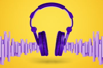 3d rendering of bright violet music headphones with soundwave-shaped blocks standing near them on a yellow background.
