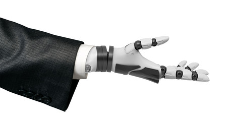 Robotic hand in business suit isolated on white background