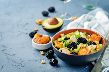 Crispy goat cheese blackberry arugula chicken avocado salad