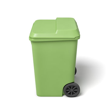 3d rendering of a light-green trash can isolated on white background.