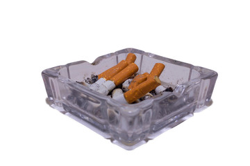 Square ashtray with cigarettes on a white isolated background