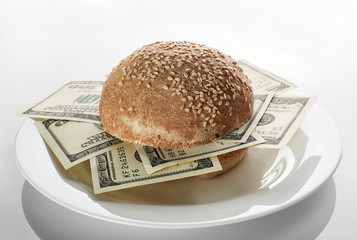 Conceptual photo. Hamburger with dollars on a white plate and on a white background. - 248518717