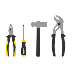 Set of repair instruments icon. Pliers, screwdriver, hammer, water cimping pliers. Repair symbol. Vector illustration isolated on white background.