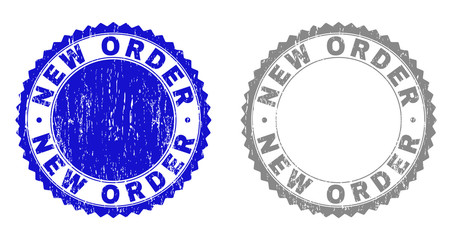 Grunge NEW ORDER stamp seals isolated on a white background. Rosette seals with grunge texture in blue and gray colors. Vector rubber overlay of NEW ORDER tag inside round rosette.